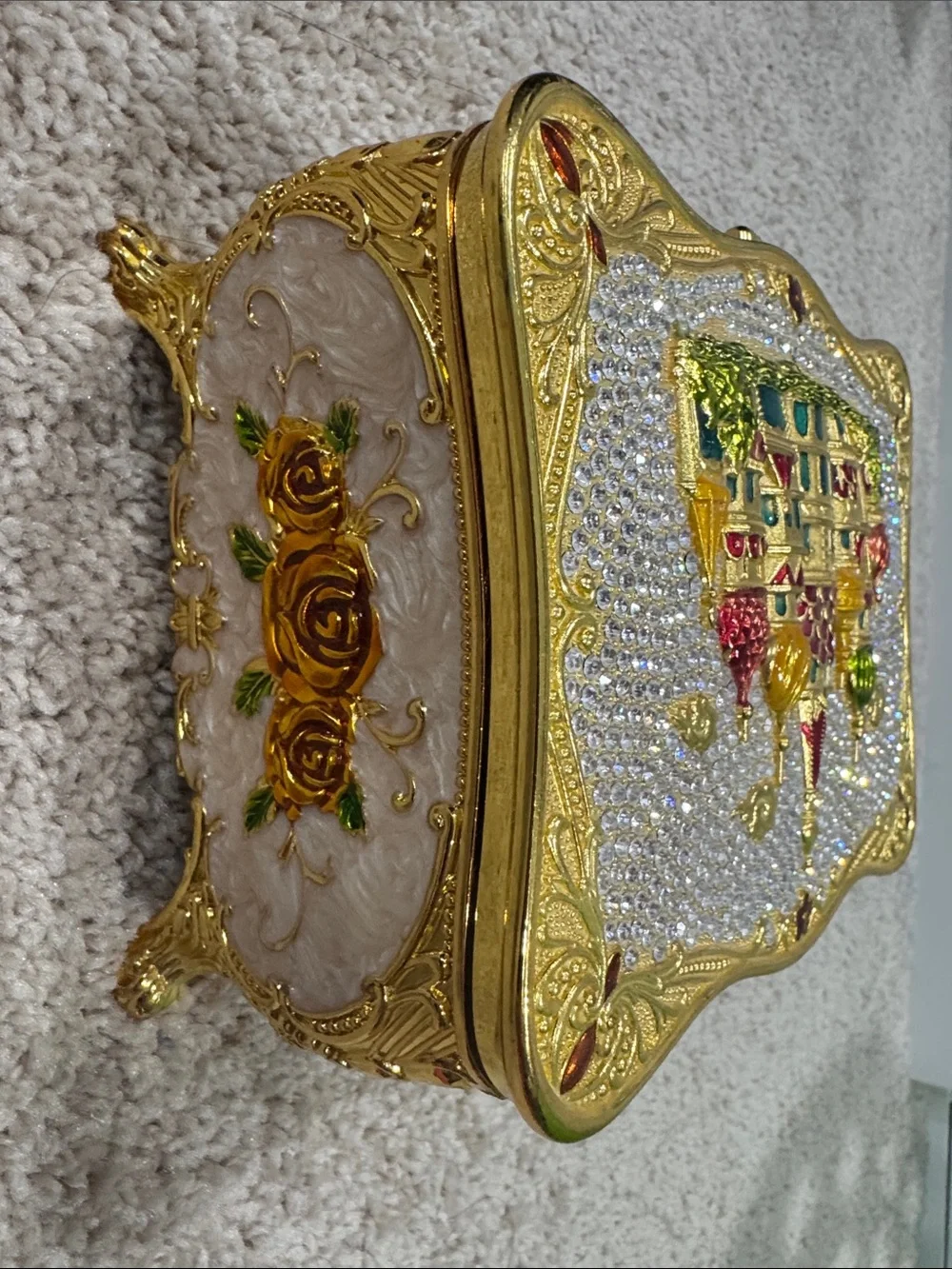 Ornate Jeweled Castle Trinket Box - Gold, White, Green, Red
